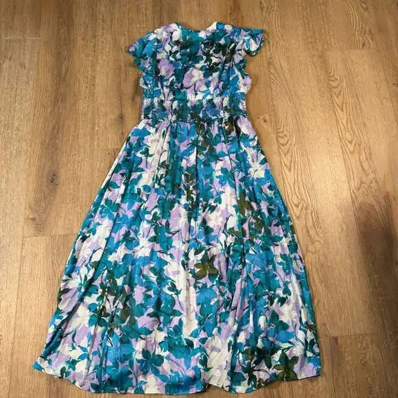 Taylor Blue Floral Jacquard Maxi Dress Size 12 Flutter Sleeve V-Neck - Picture 7 of 9